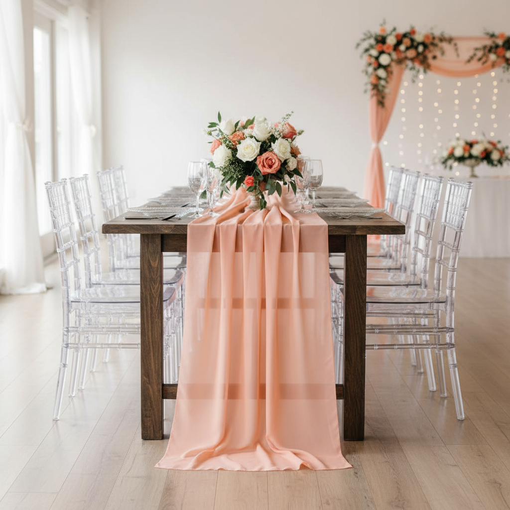 Coral Chiffon Table Runner - Full Reception Lifestyle