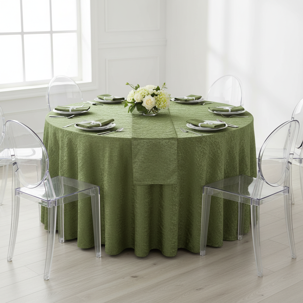 Crinkle Shimmer 120" Round Tablecloth - Willow Green.