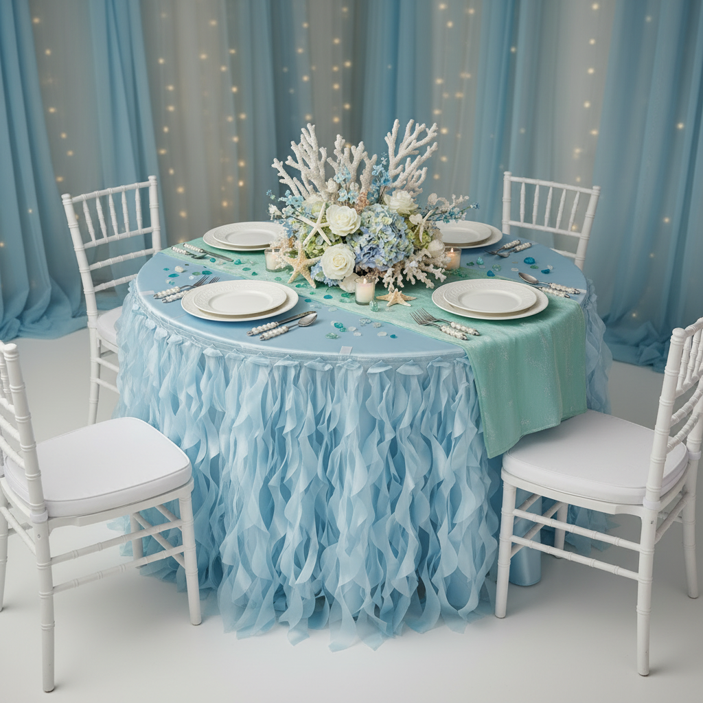 Curly Willow 14ft Table Skirt - Baby Blue.
