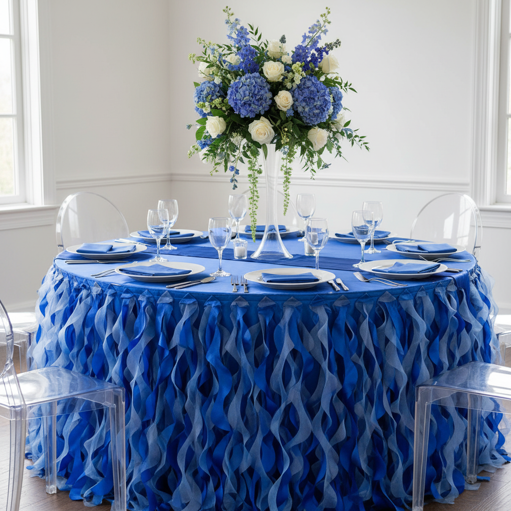 Curly Willow 14ft Table Skirt - Royal Blue.