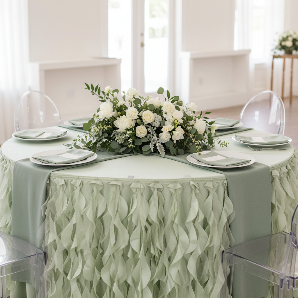 Curly Willow 14ft Table Skirt - Sage Green.
