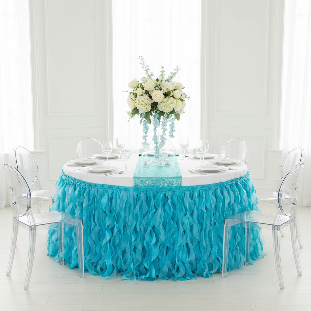 Curly Willow 17ft Table Skirt - Aqua Blue.