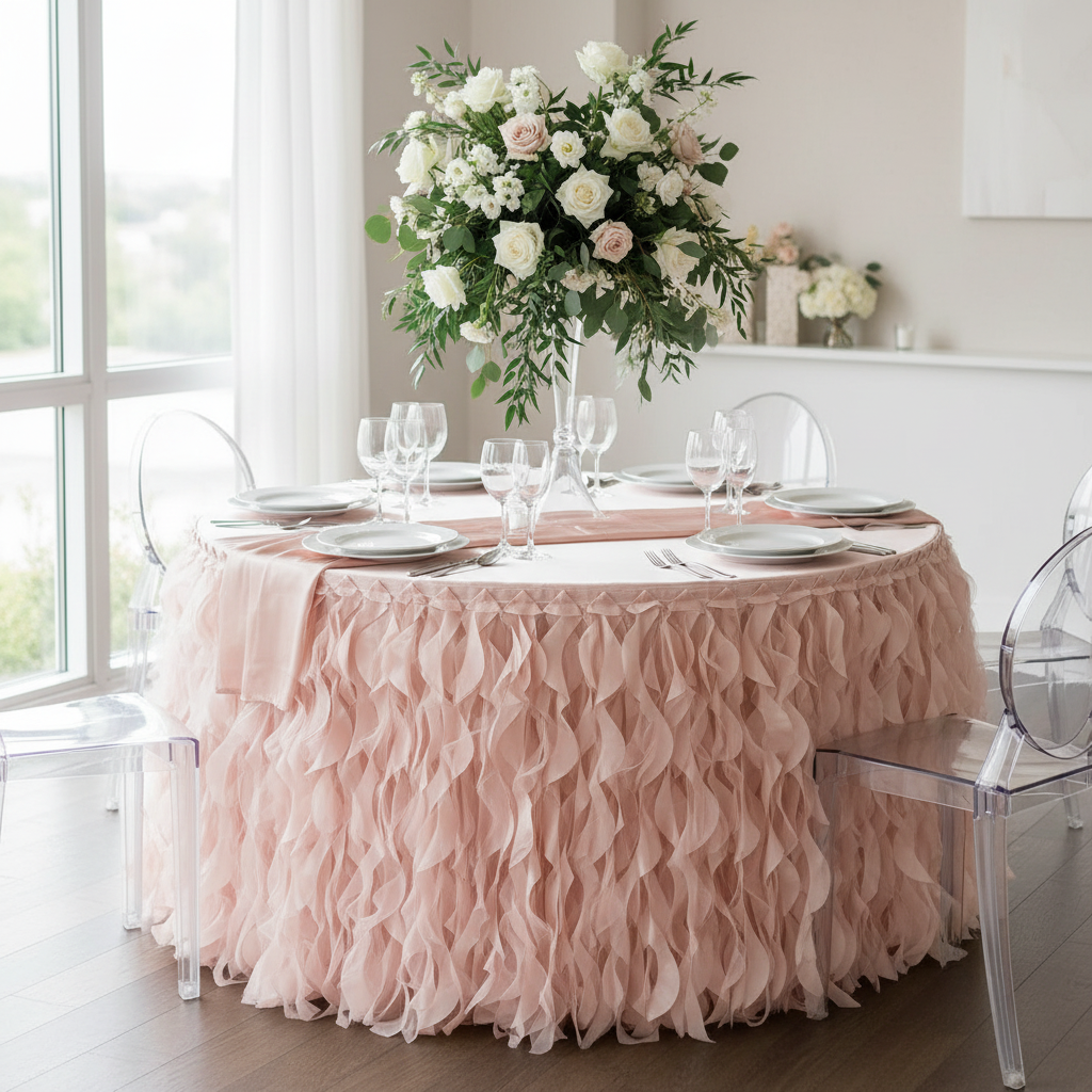 Curly Willow 17ft Table Skirt - Blush/Rose Gold.
