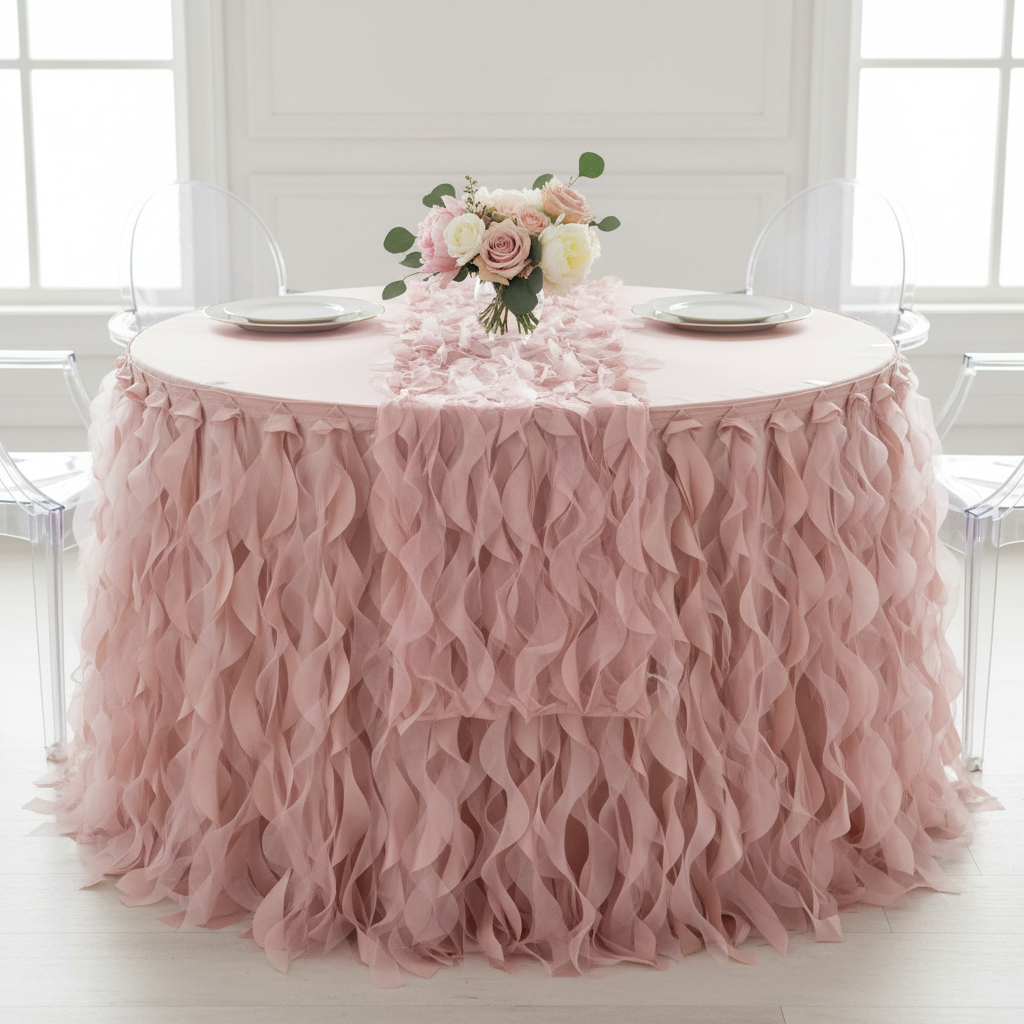 Curly Willow 17ft Table Skirt - Dusty Rose/Mauve.