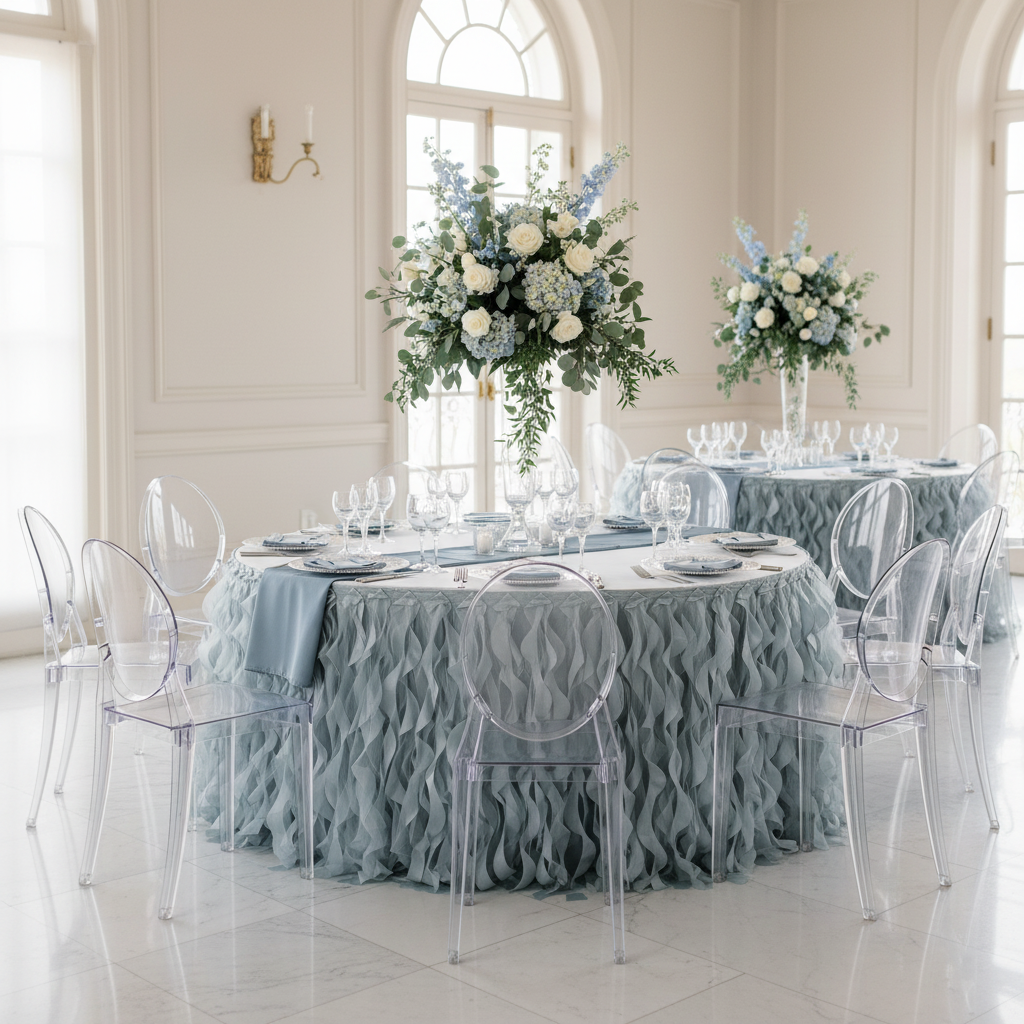 Curly Willow 14ft Table Skirt - Dusty Blue.