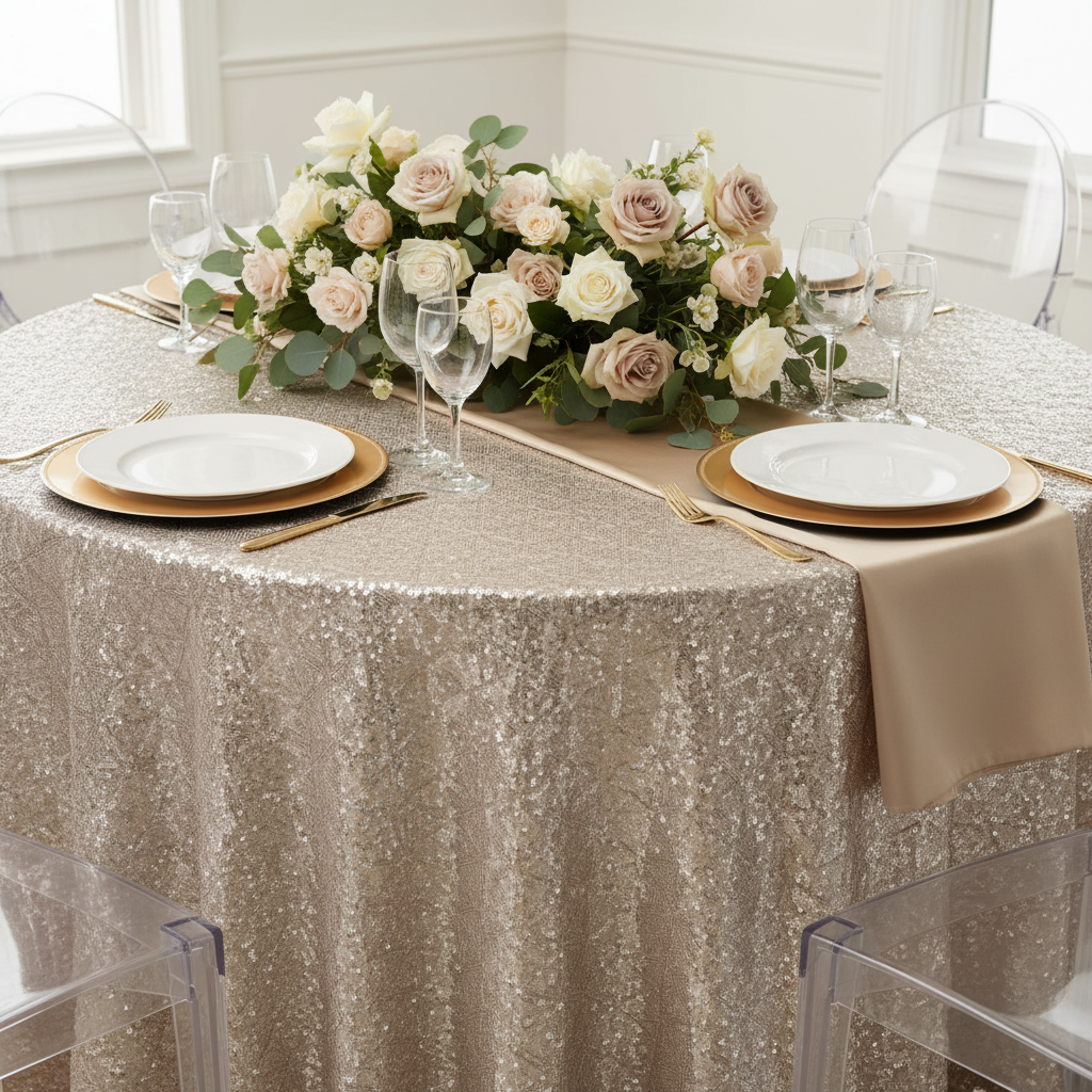 Diamond Glitz Sequins 120" Round Tablecloth - Champagne.