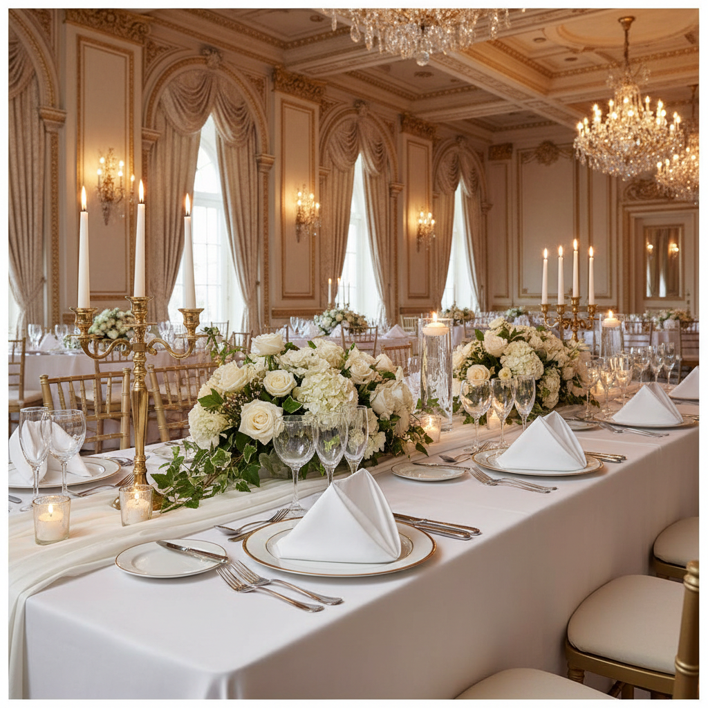 Economy Polyester Napkin 20"x20" - White in Indoor Wedding Reception with Tables and Chiavari Gold Chairs.