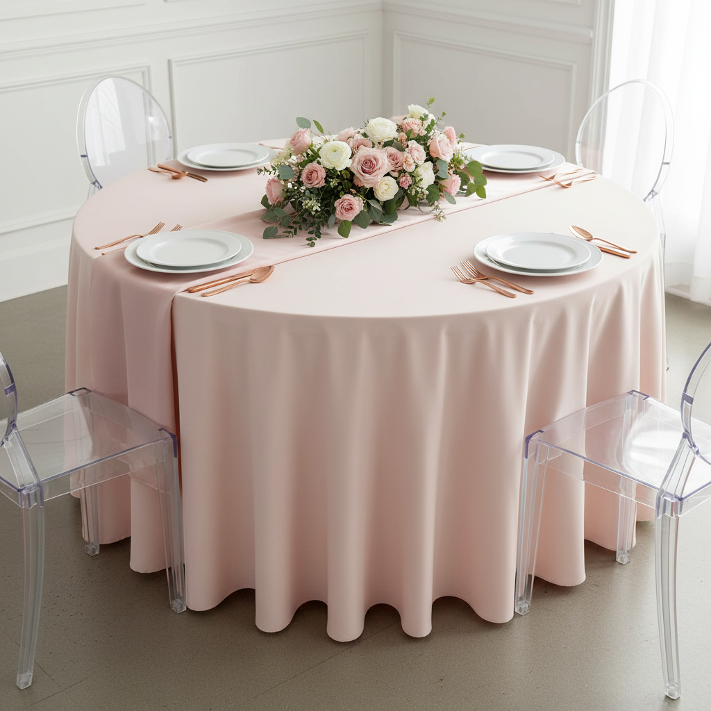 Economy Polyester Tablecloth 108" Round - Blush/Rose Gold.