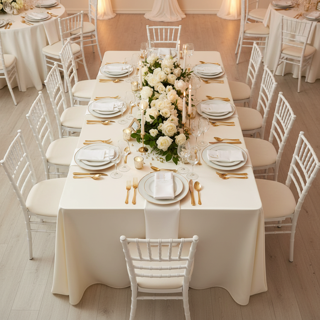 Economy Polyester Tablecloth 90"x156" Oblong Rectangular - Ivory with White Chiavari Chairs.