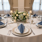 Faux Denim Napkin 20"x20" - Dark Blue with Silver Chiavari Chairs.