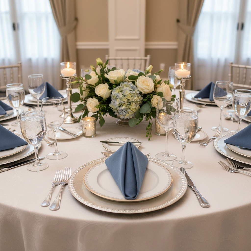 Faux Denim Napkin 20"x20" - Dark Blue with Silver Chiavari Chairs.