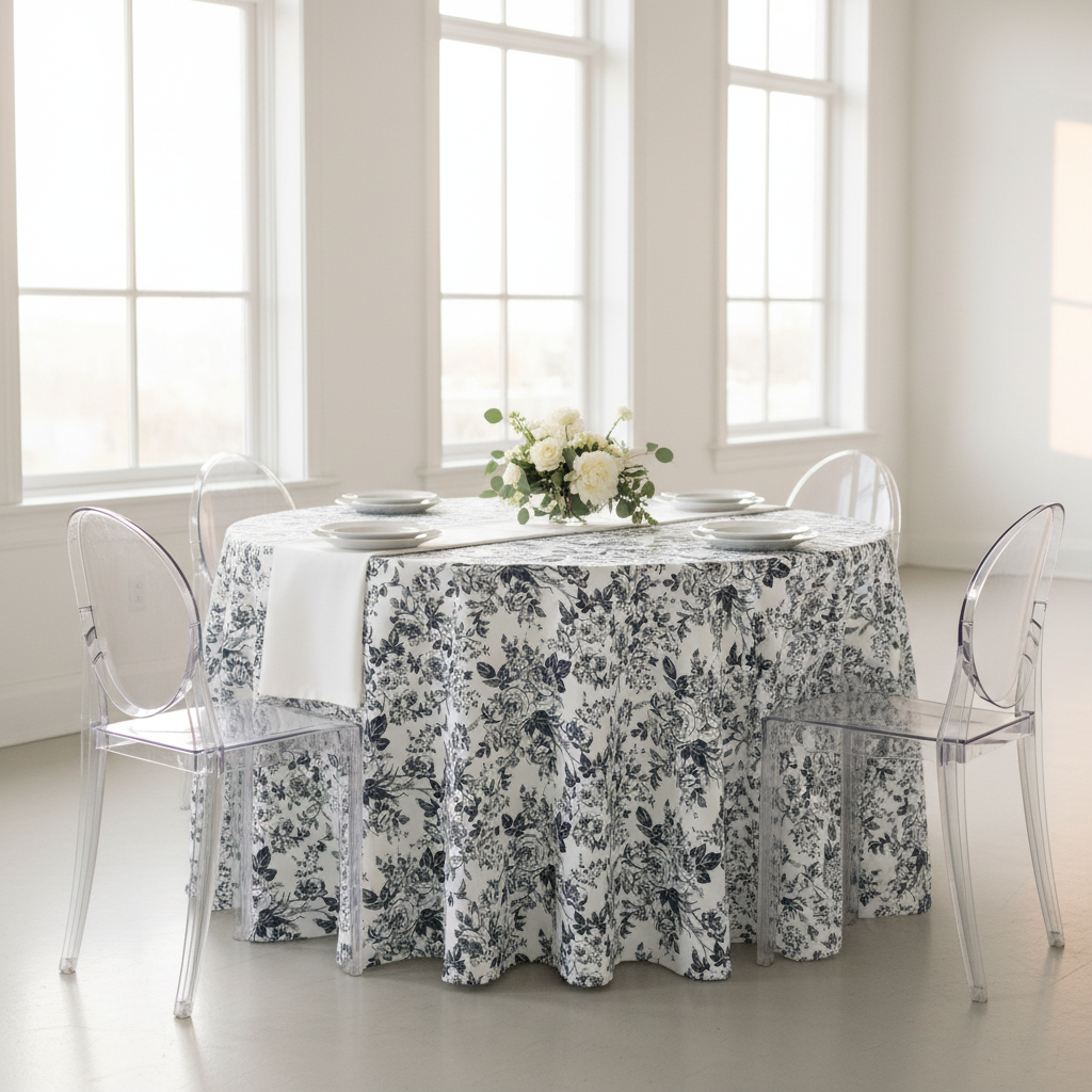 French Toile 132" Round Tablecloth - Black.