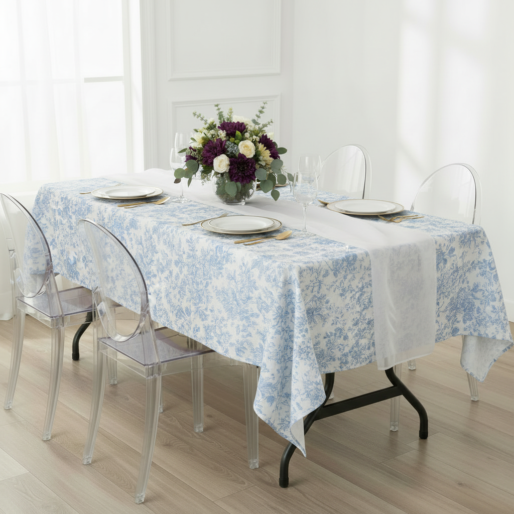 French Toile 60"x120" Rectangular Tablecloth - Baby Blue.