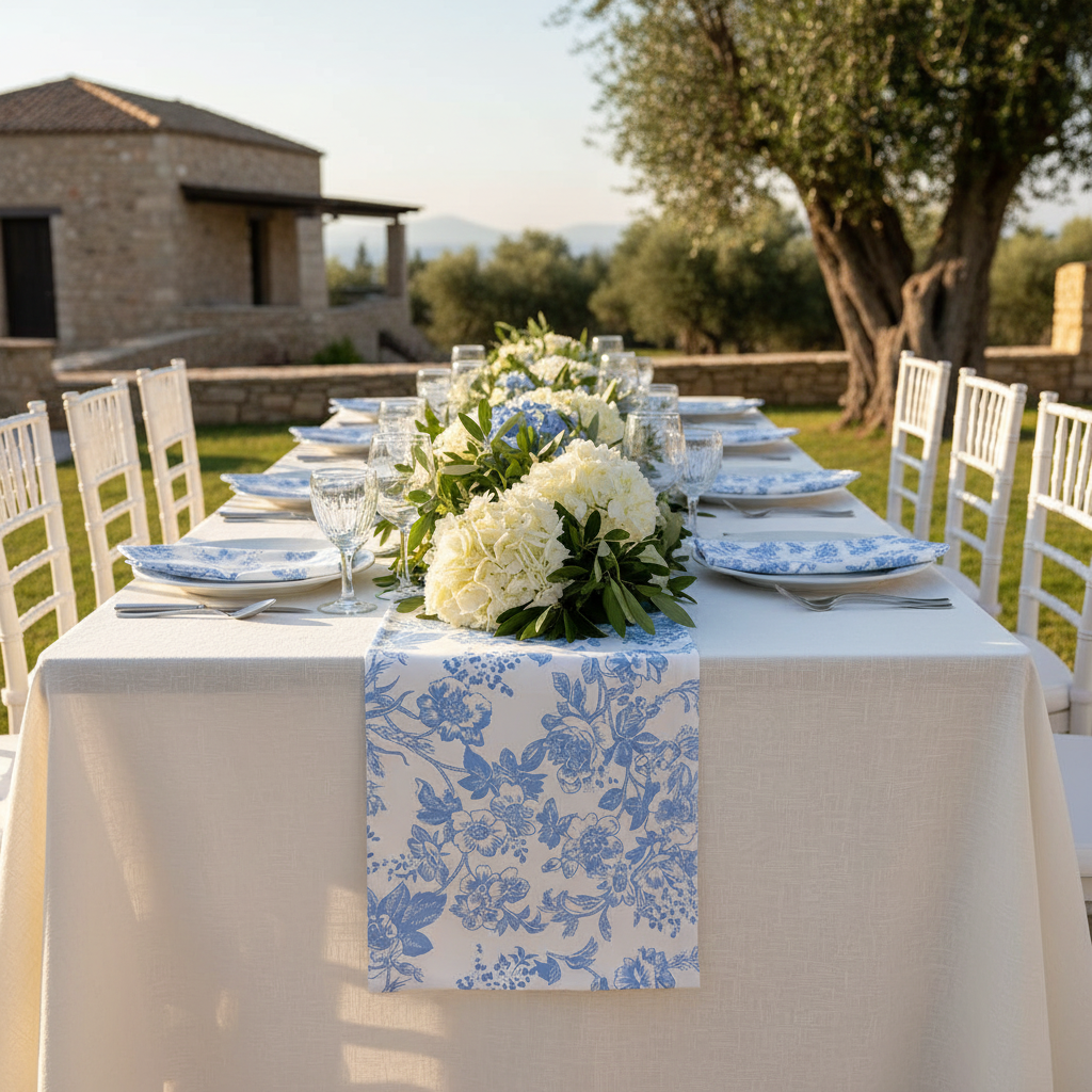 French Toile Table Runner - Baby Blue.