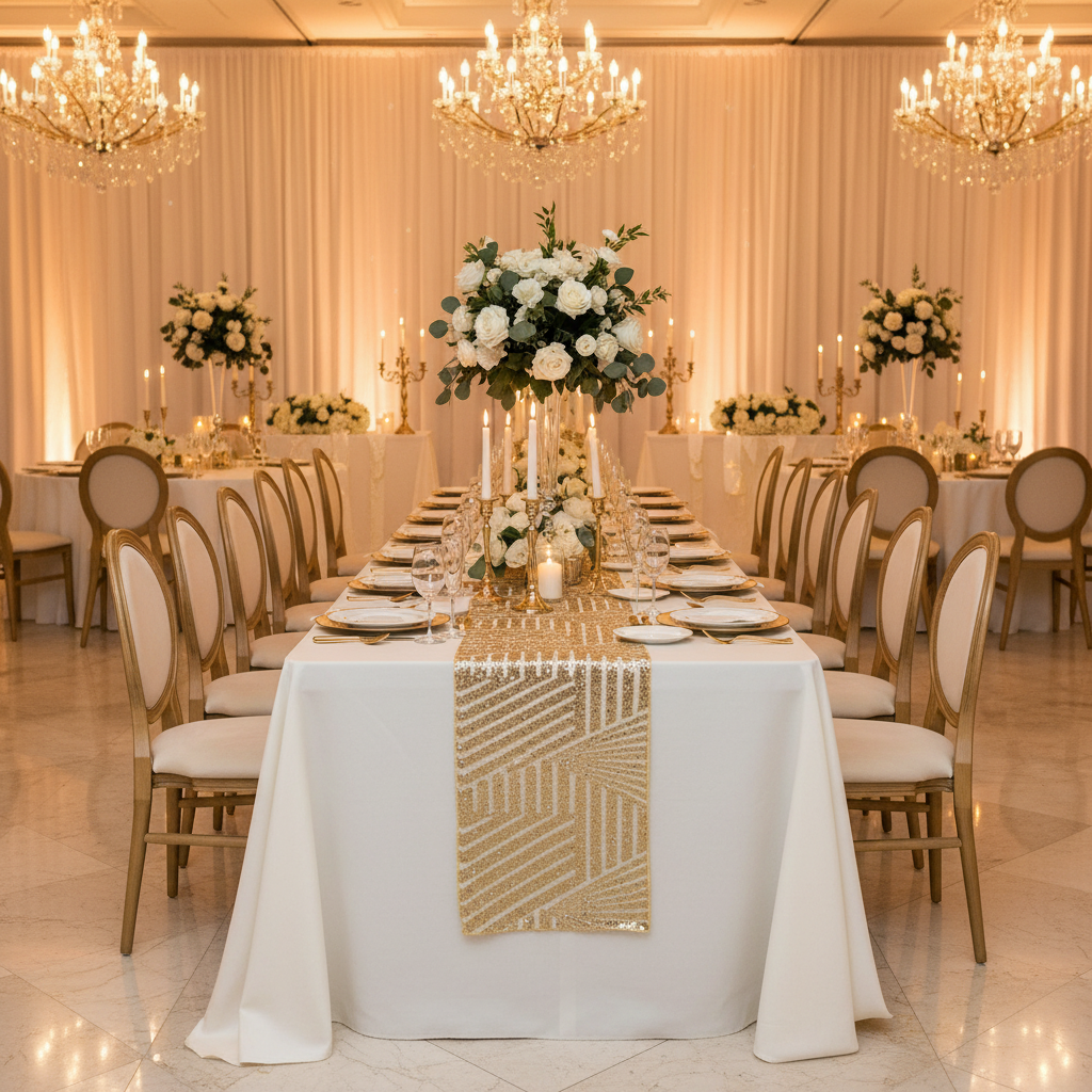 Geometric Glitz Art Deco Sequin Table Runner - Gold in Indoor Reception with Oval Chair.