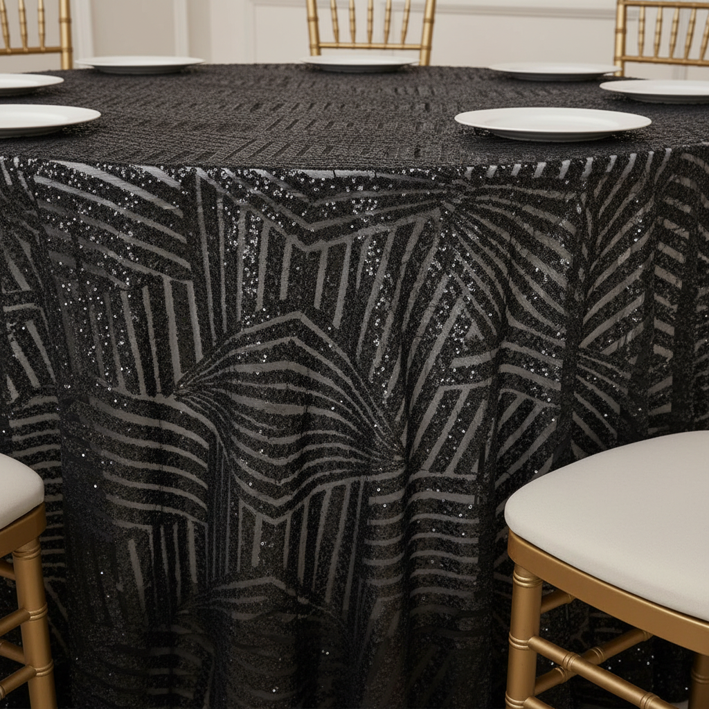 Geometric Glitz Art Deco Sequin Tablecloth 132" Round - Black with Chiavari Gold Chairs.