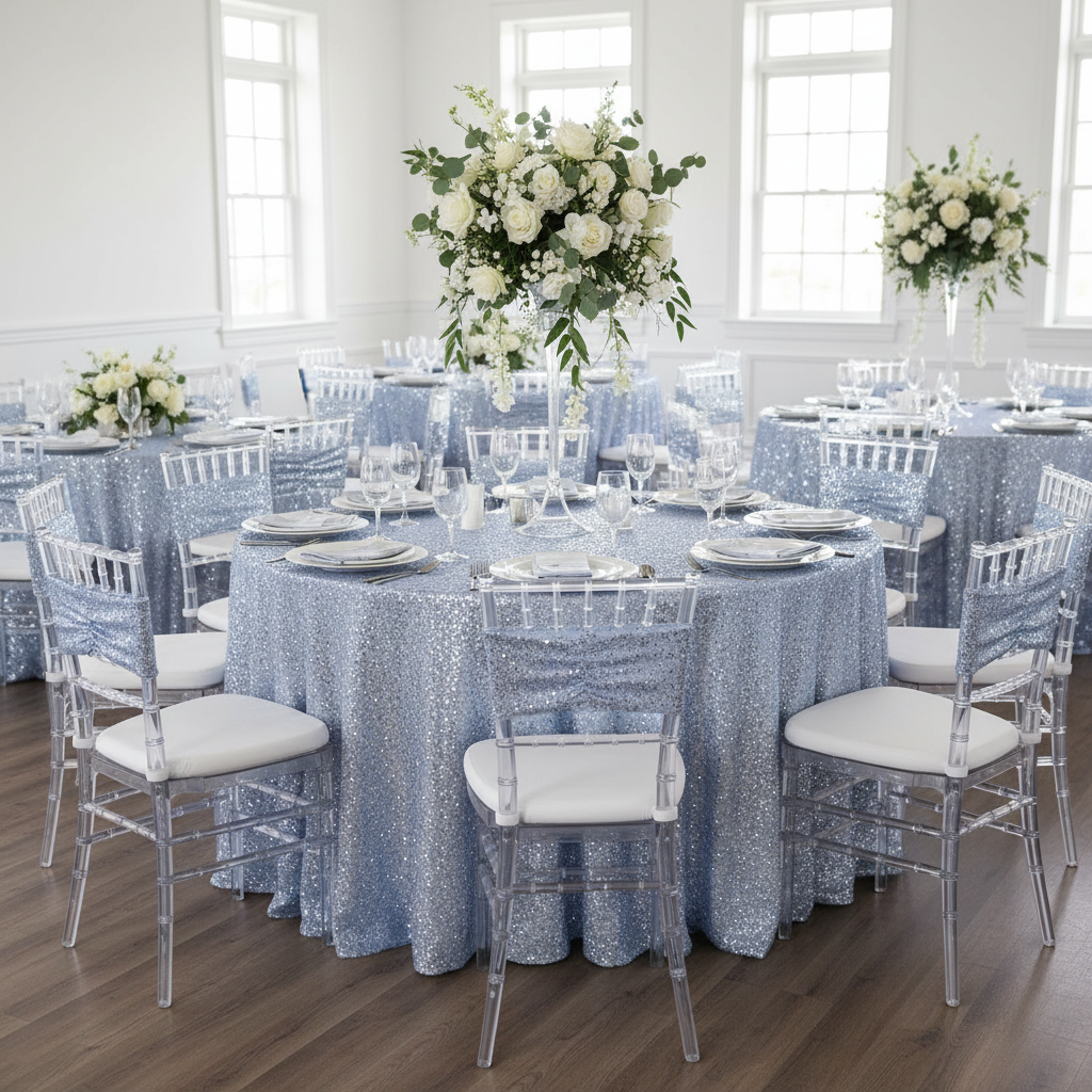Glitz Ruffle Sequin Spandex Chair Band Sash - Dusty Blue.