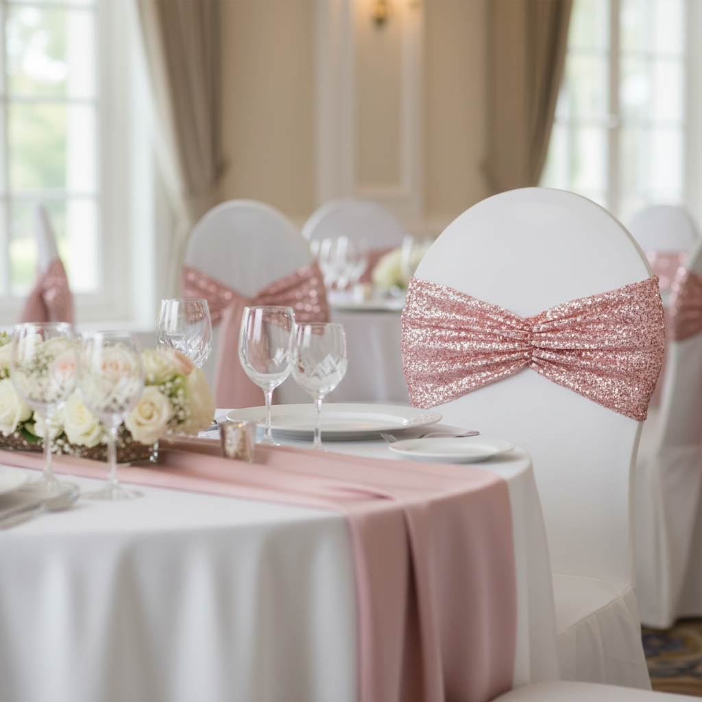 Glitz Ruffle Sequin Spandex Chair Band Sash - Dusty Rose/Mauve.