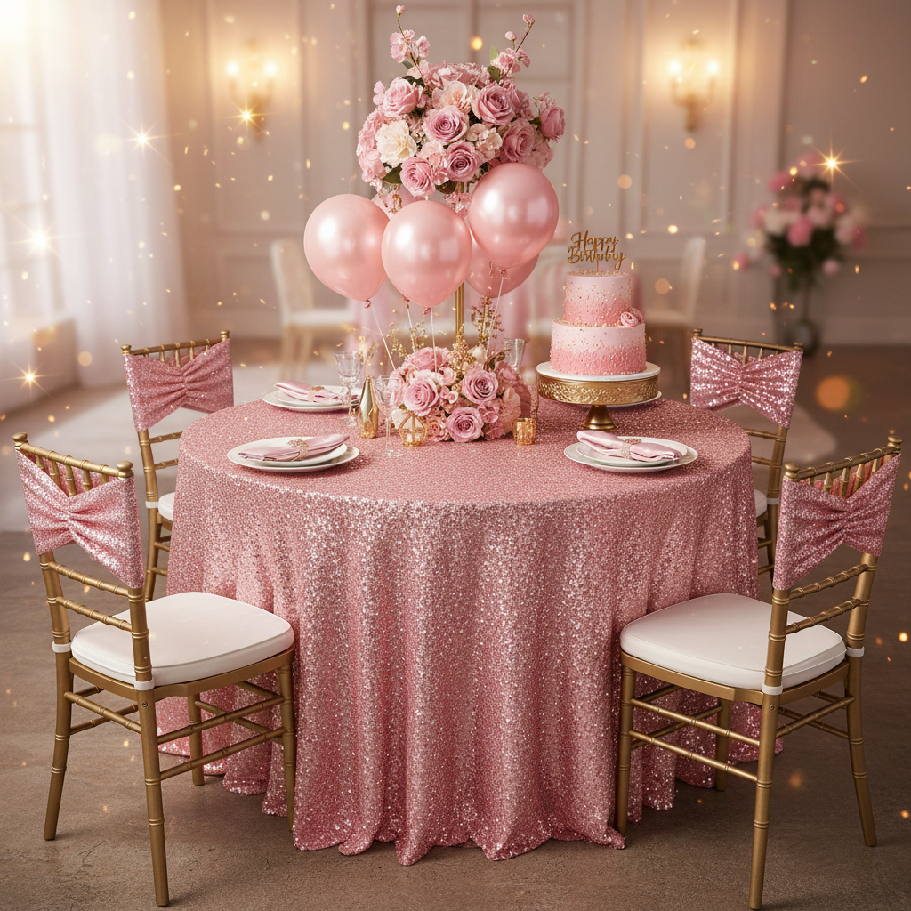 Glitz Ruffle Sequin Spandex Chair Band Sash - Pink.