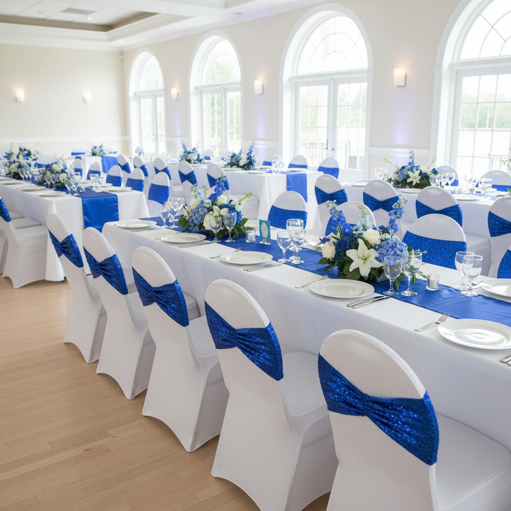 Glitz Ruffle Sequin Spandex Chair Band Sash - Royal Blue.