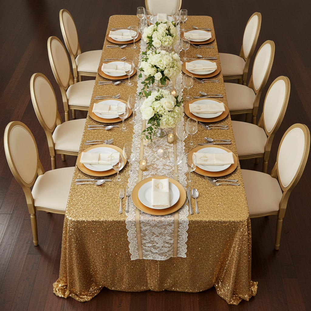 Glitz Sequin 90"x156" Rectangular Tablecloth - Gold with Oval Chairs.