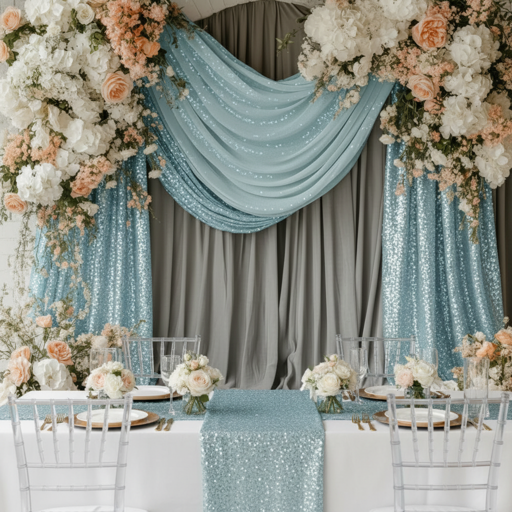 Glitz Sequin Mesh Net 12ft H x 52" W Drape/Backdrop Panel - Baby Blue.