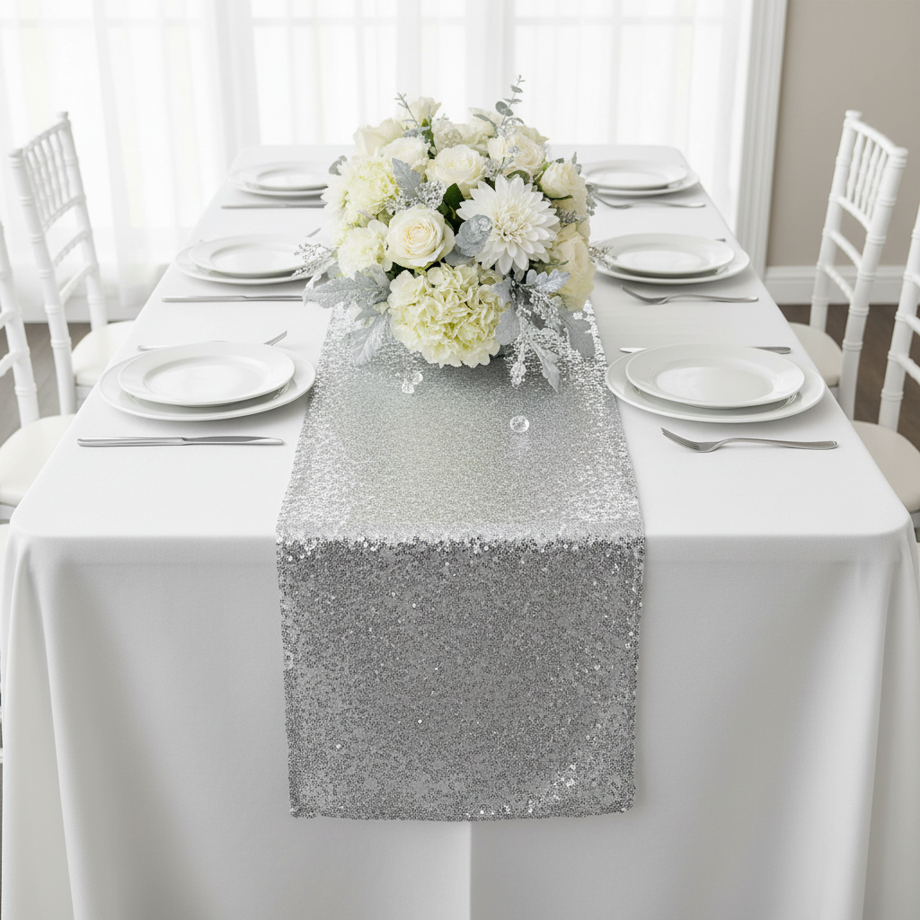 Glitz Sequin Mesh Net Table Runner 12"x108" - Silver.