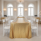 Glitz Sequin Mesh Net Tablecloth  90"x156" Rectangular -  Gold with Chiavari White Chairs.