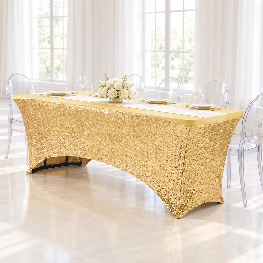 Glitz Sequin Spandex Table Cover 6 FT Rectangular - Gold.