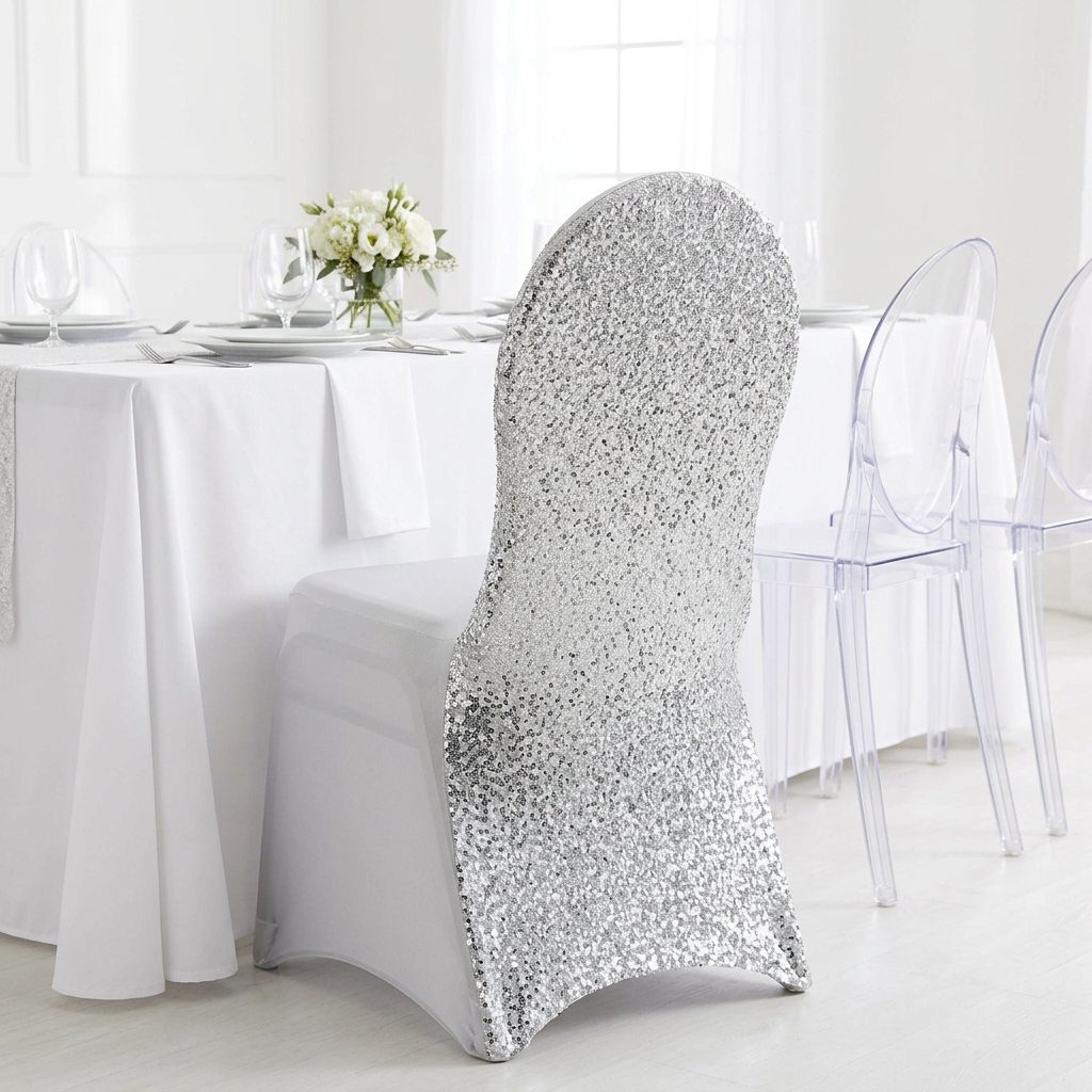 Glitz Sequin Stretch Spandex Banquet Chair Cover - Silver.