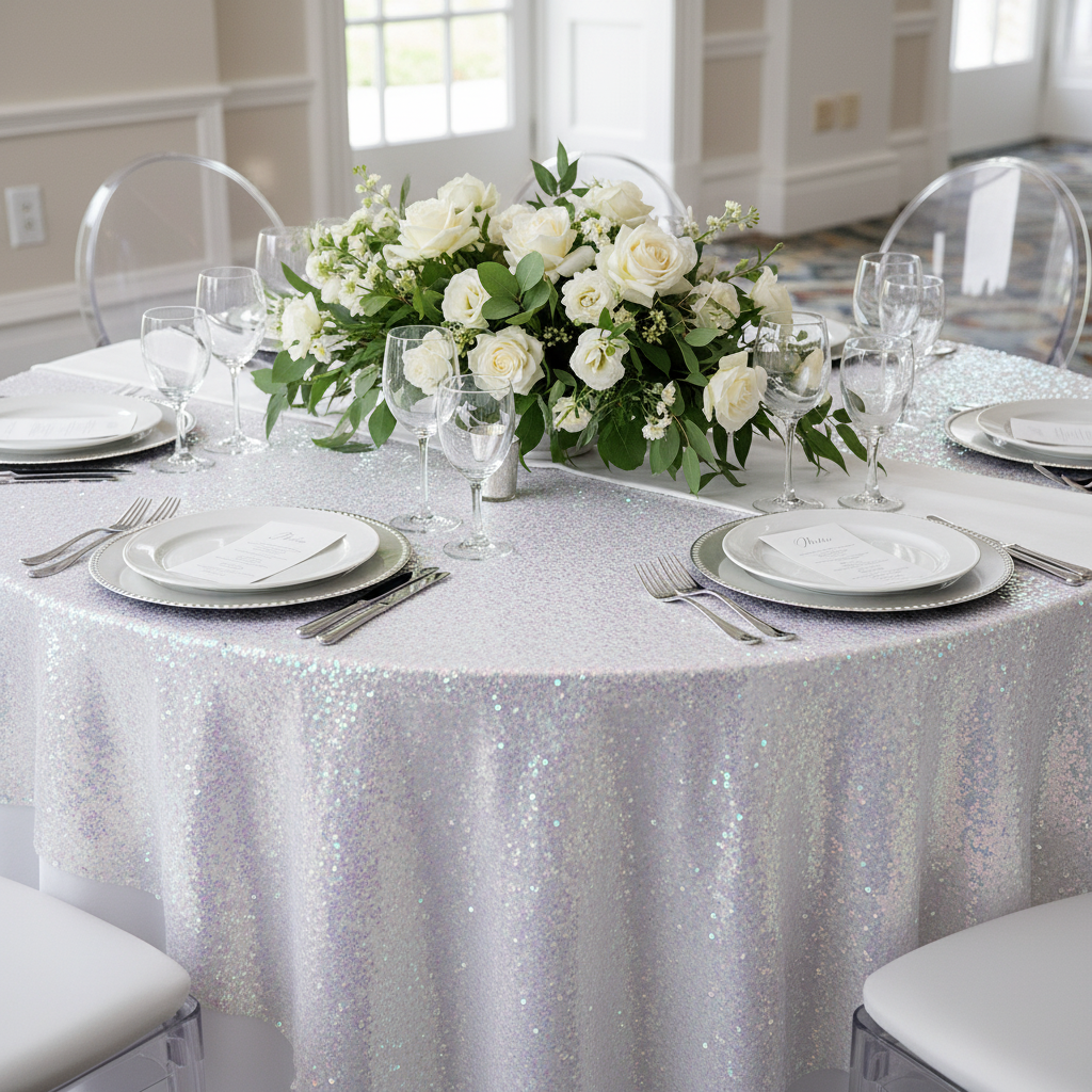 Glitz Sequin Table Overlay Topper 72"x72" Square  - Iridescent White.