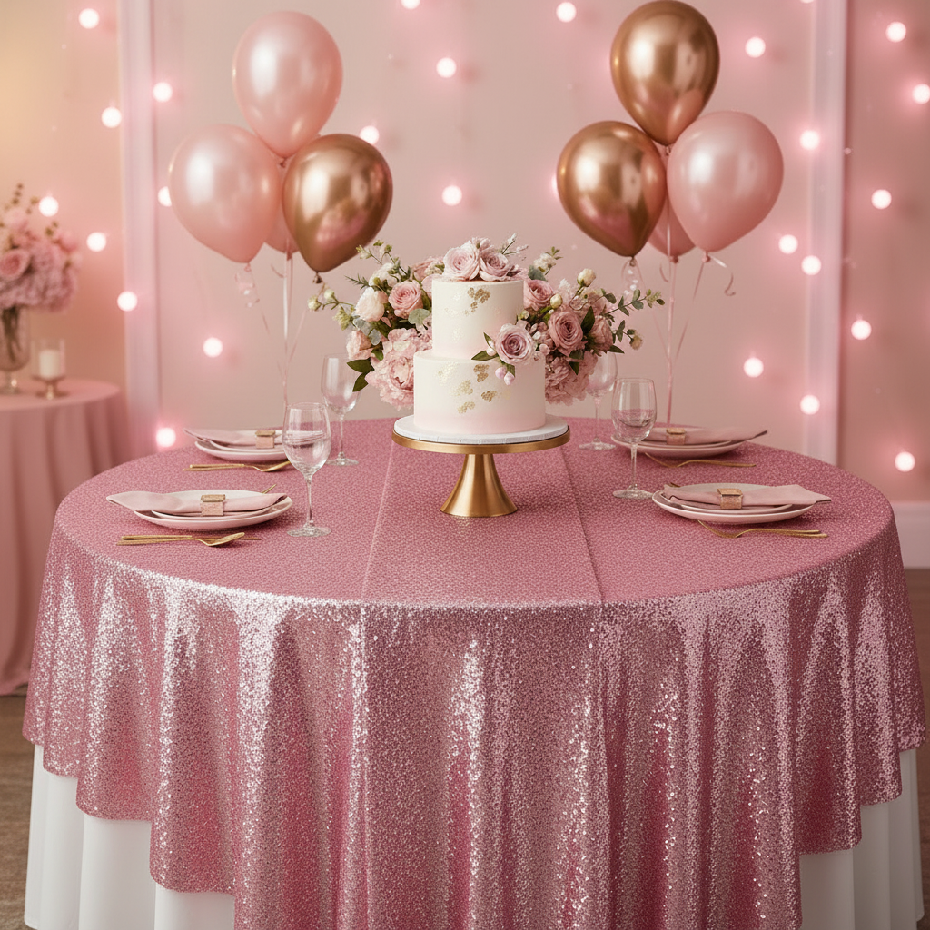 Glitz Sequin Table Overlay Topper 90"x90" Square - Pink.
