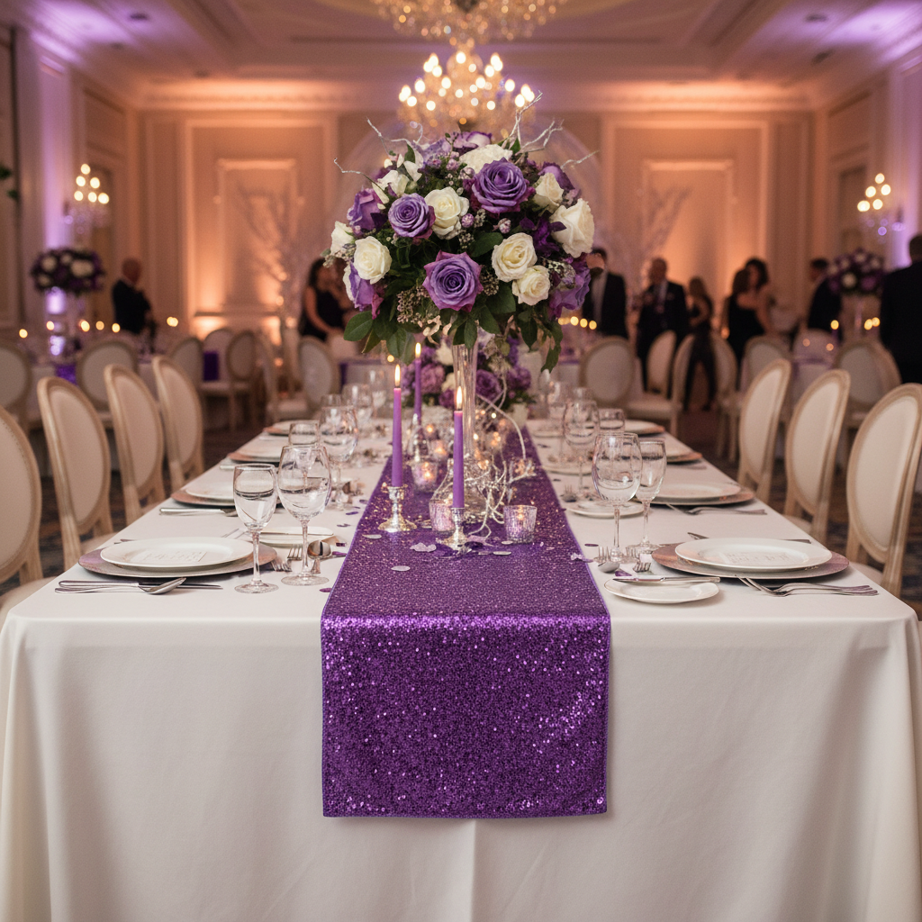 Glitz Sequin Table Runner - Purple in Indoor Reception.