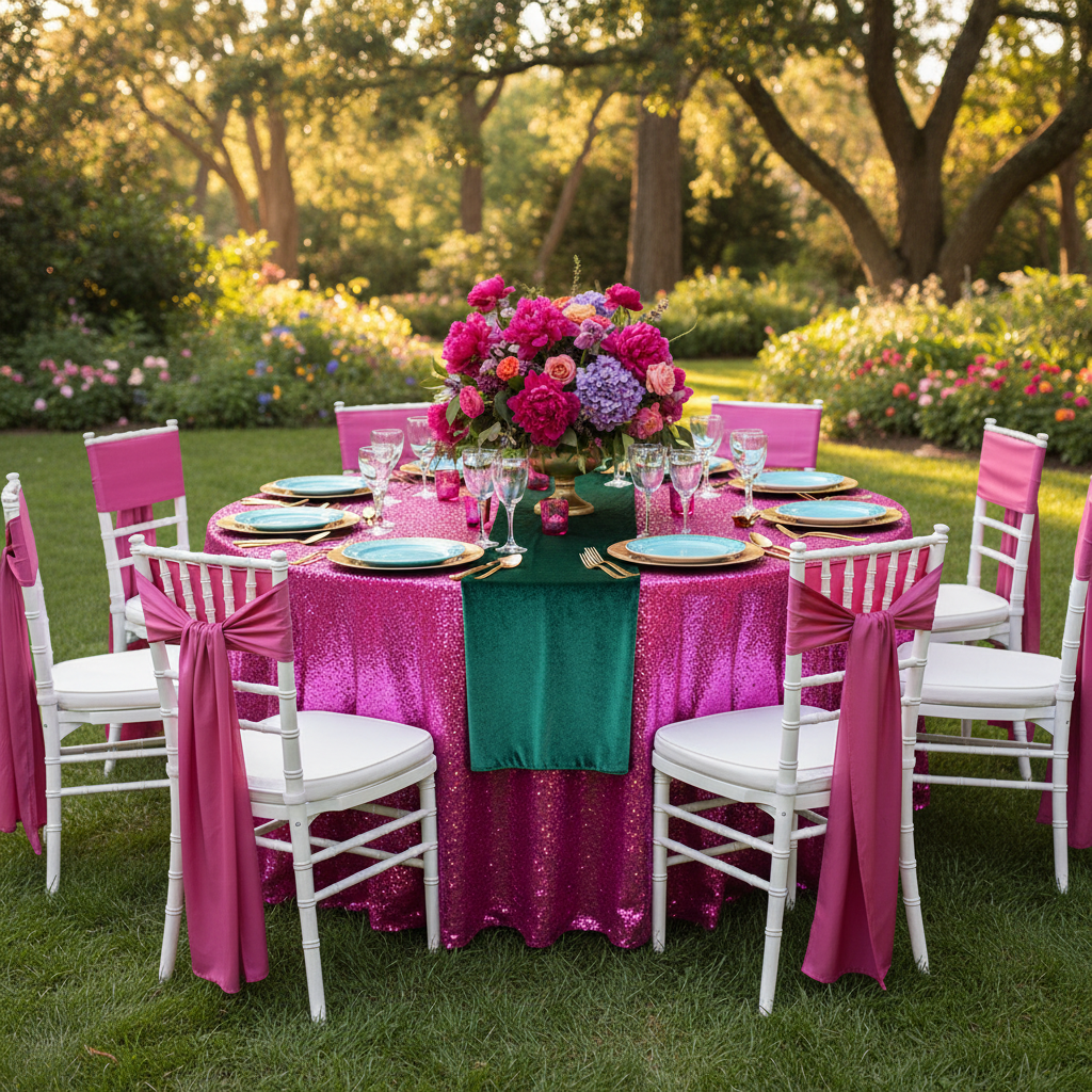 Glitz Sequins 132" Round Tablecloth - Fuchsia.