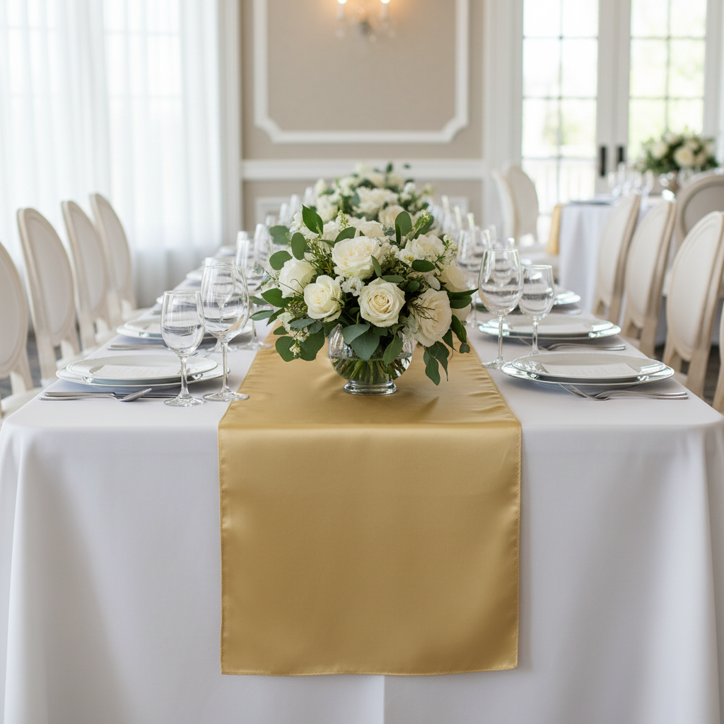 Satin Table Runner - Gold Antique with Oval White Chairs.