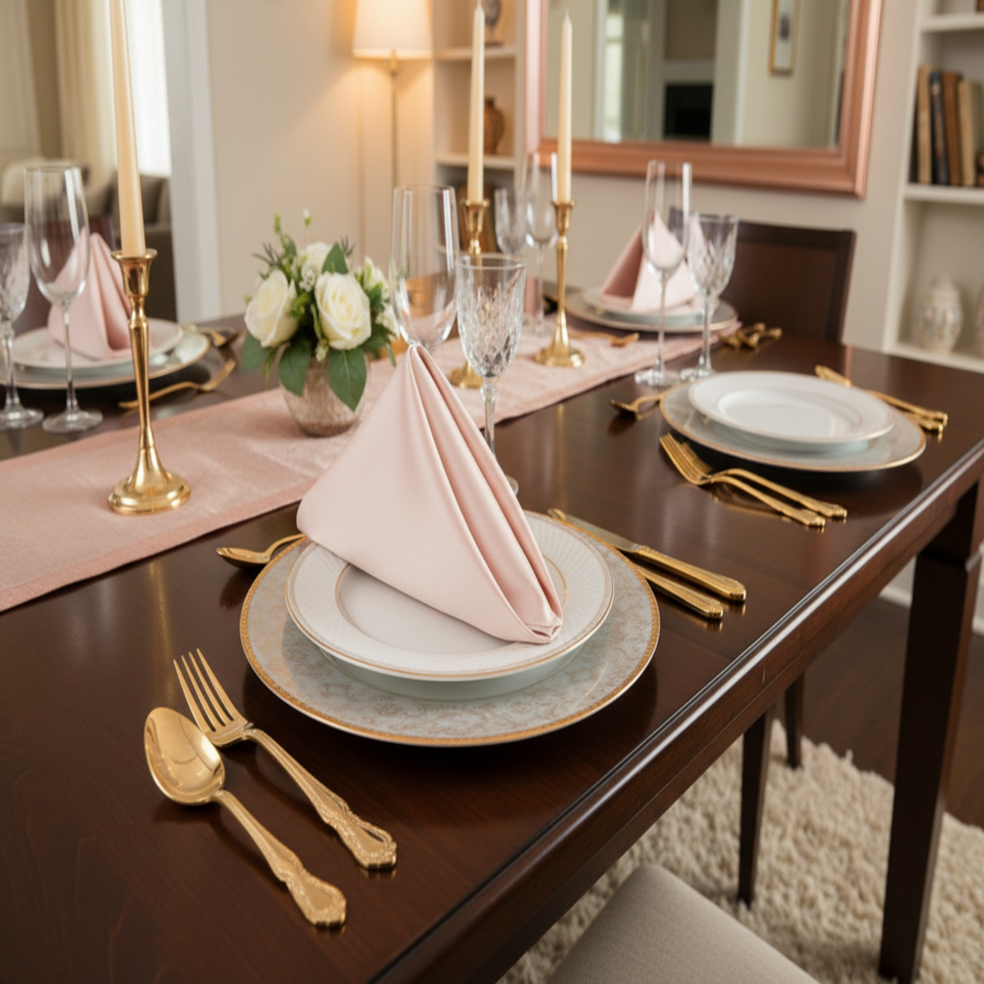 Lifestyle indoor with blush rose gold lamour satin napkin 