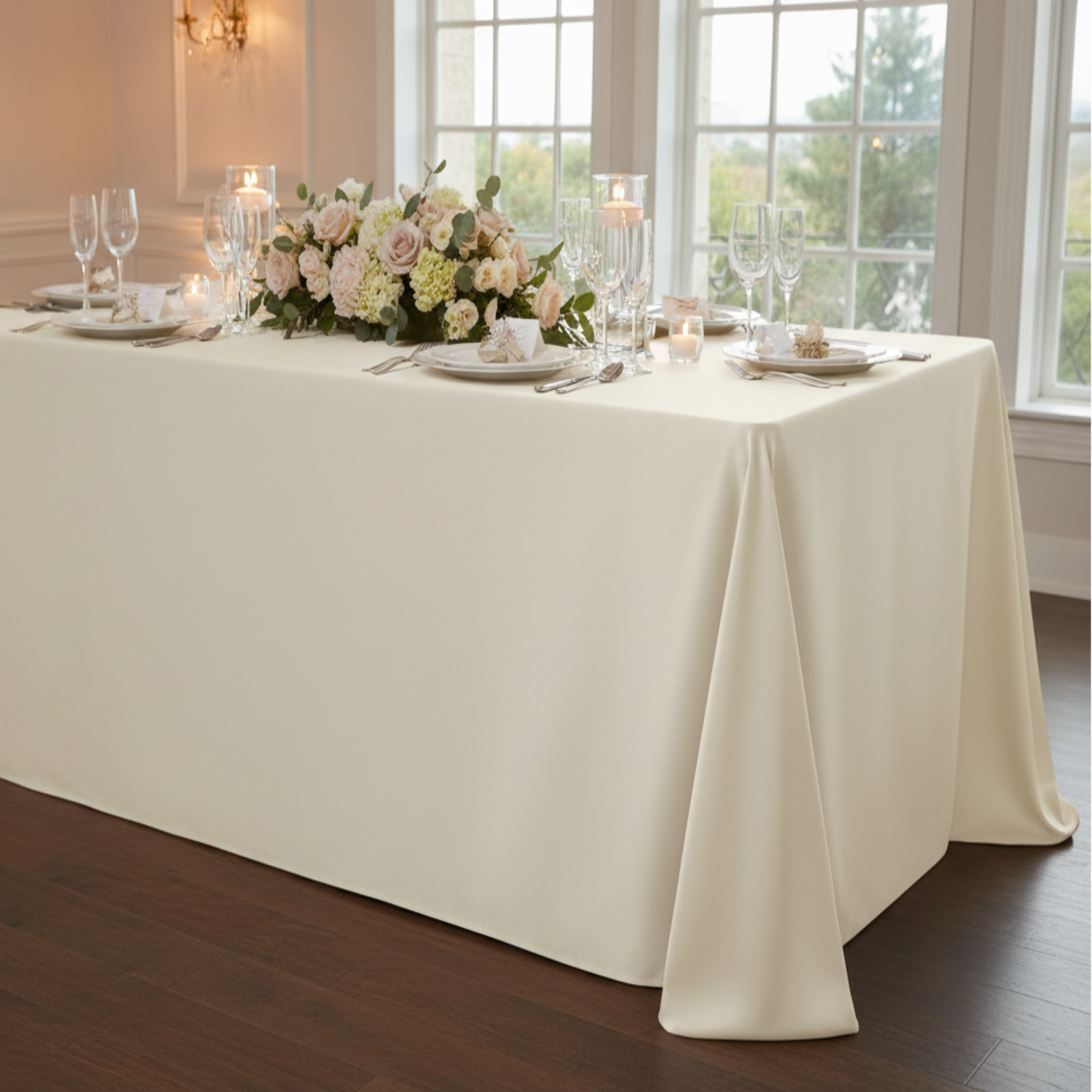 Indoor Wedding Reception with 90x132 Lamour Satin Rectangular Ivory Tablecloth