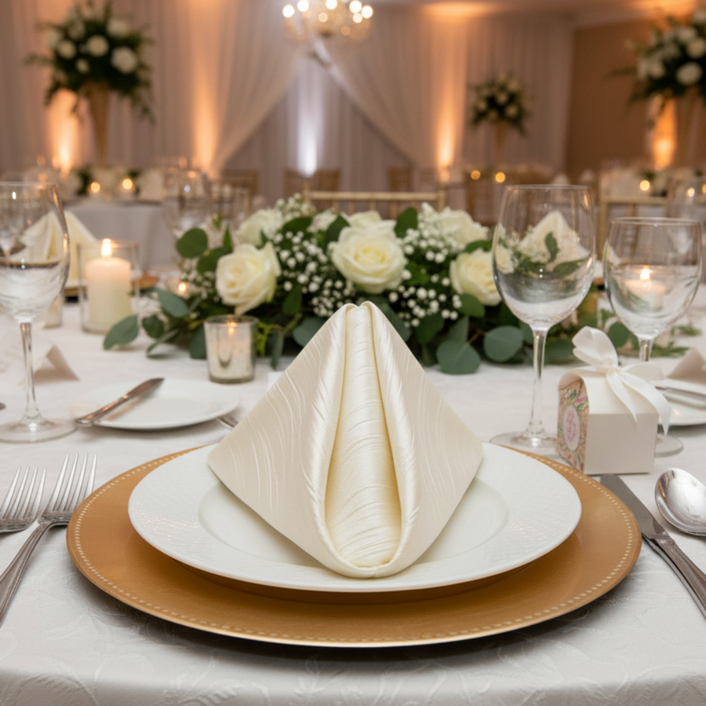 Accordion Crinkle Taffeta Napkin 20"x20" - Ivory with Chiavari Gold Chairs.
