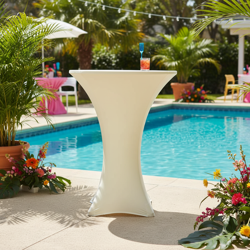 Spandex Cocktail Table Cover 30" Round - Ivory in Outdoor Pool Reception.