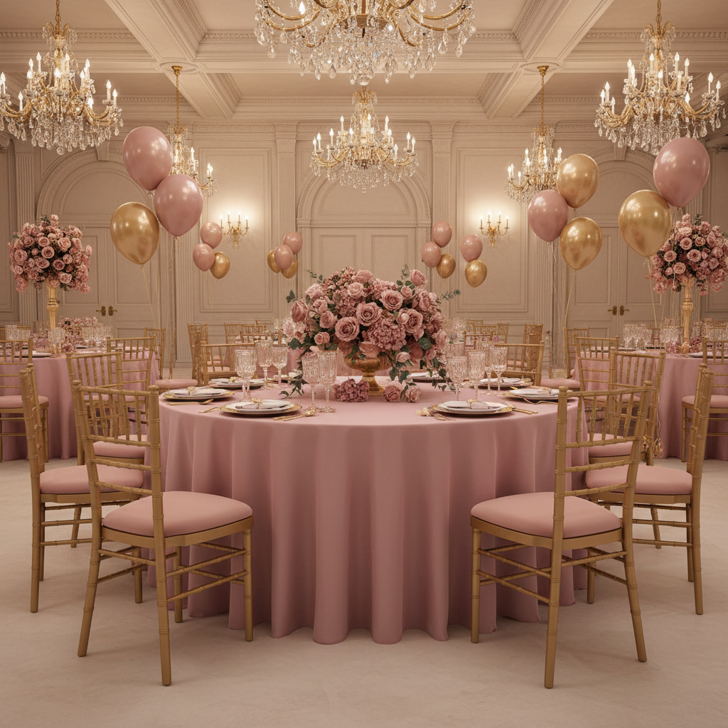 Lamour Satin 120" Round Tablecloth - Dusty Rose/Mauve with Chiavari Gold Chairs and Balloon.