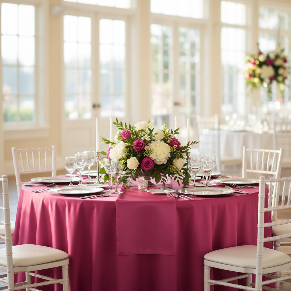 Lamour Satin 120" Round Tablecloth - Fuchsia.
