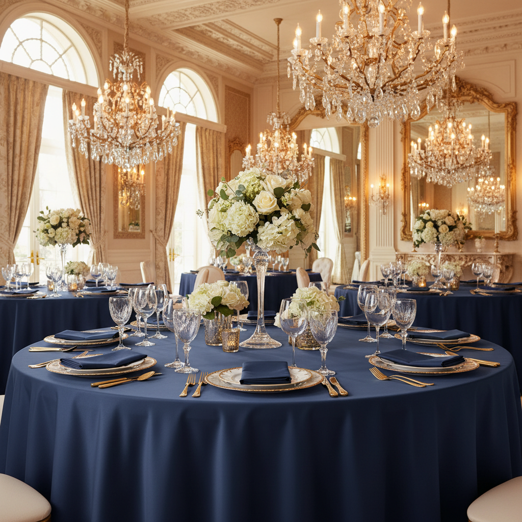 Lamour Satin 120" Round Tablecloth - Navy Blue in Luxurious Reception.