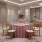 Lamour Satin 132" Round Tablecloth - Dusty Rose/Mauve with Gold Chiavari Chairs.