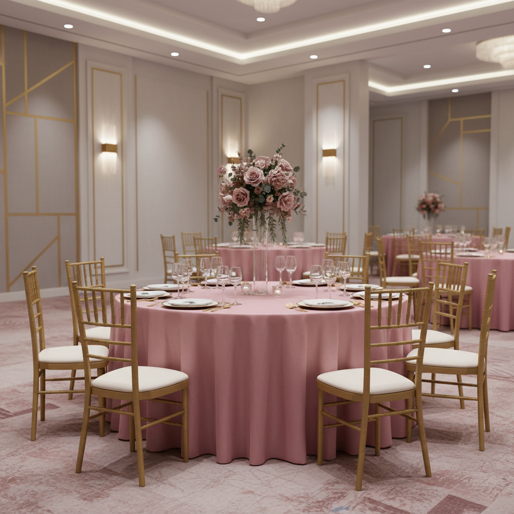 Lamour Satin 132" Round Tablecloth - Dusty Rose/Mauve with Gold Chiavari Chairs.