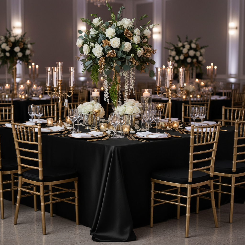Lamour Satin 90"x156" Rectangular Oblong Tablecloth - Black with Chiavari Gold Chairs.