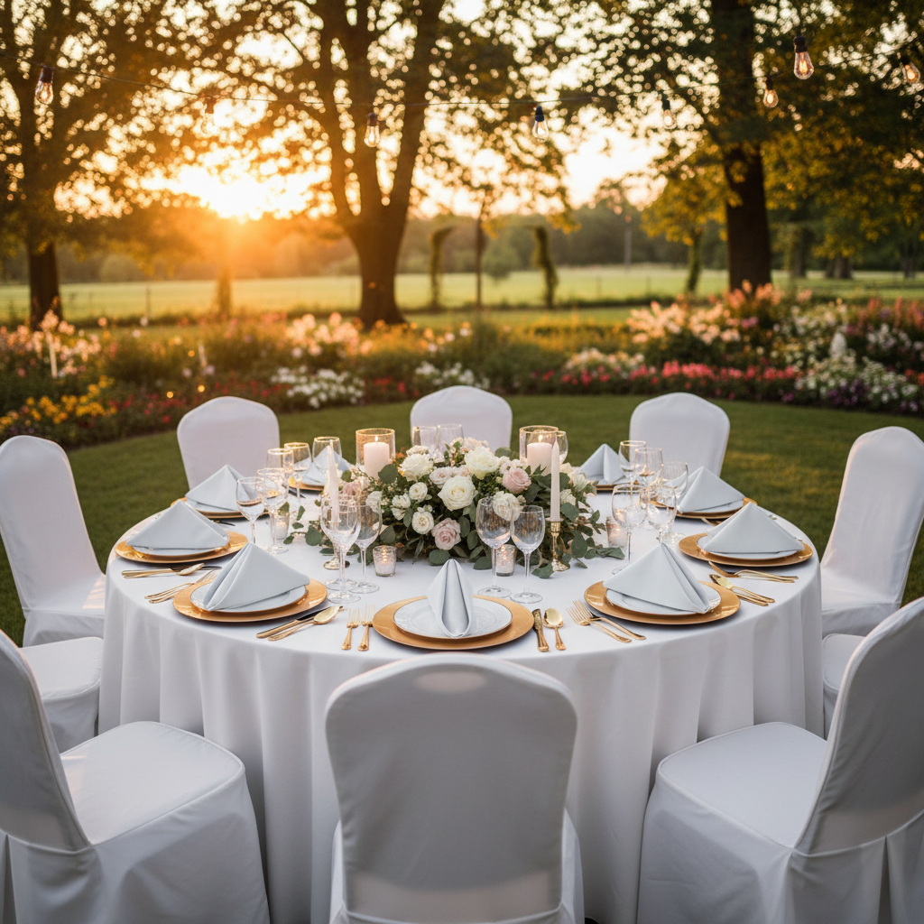 Lamour Satin Napkin 20"x20" - Dusty Blue in Outdoor Reception.