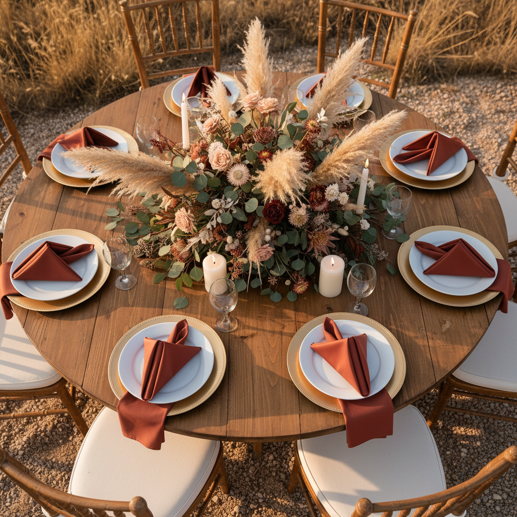 Lamour Satin Napkin 20"x20" - Rust in Boho Reception.