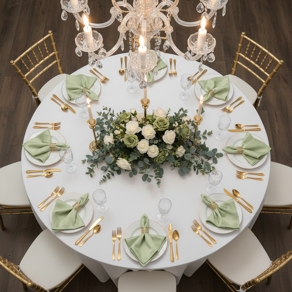 Lamour Satin Napkin 20"x20" - Sage Green with Chiavari Gold Chairs.