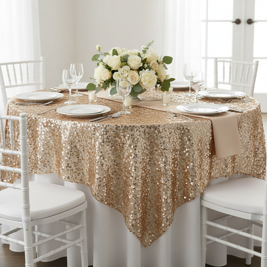Large Payette Sequin Table Overlay Topper 90"x90" Square - Champagne.