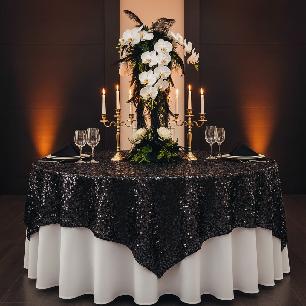 Large Payette Sequin Table Overlay Topper 90"x90" Square - Black.